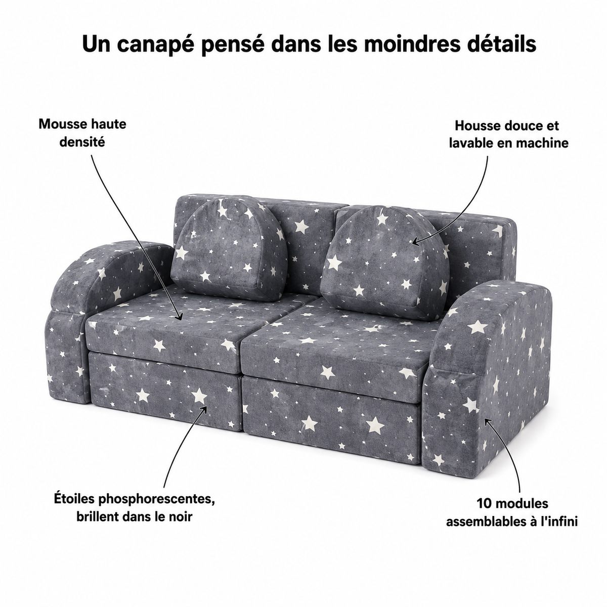 Canapé Modulable Enfant Lumia – Étoiles Phosphorescentes, 10 Pièces