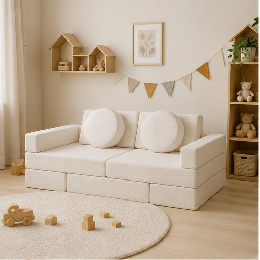 Ensemble canapé modulable enfant Aria blanc écru, dans une chambre lumineuse et épurée
