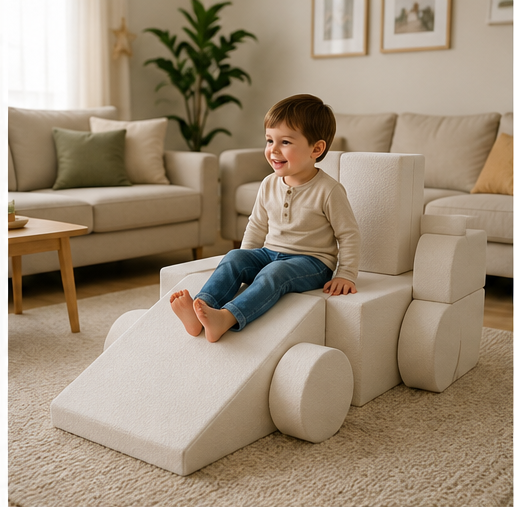 Enfant jouant sur le canapé modulable Aria blanc écru, dans un salon familial