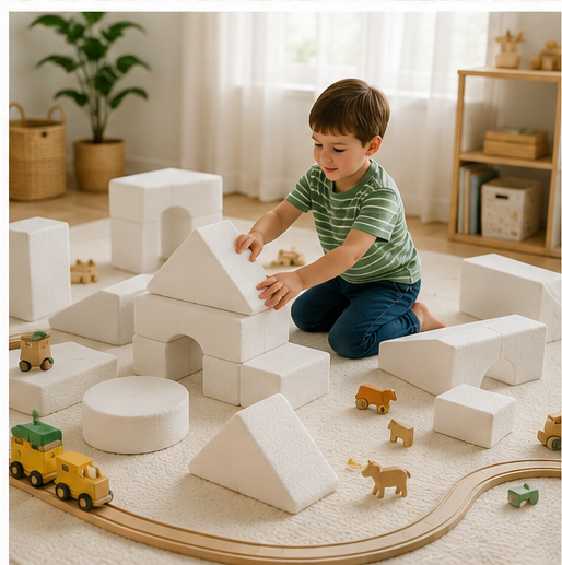 Enfant jouant avec les modules du canapé Aria disposés librement, jouets en bois autour