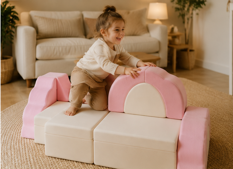 Petite fille jouant sur le canapé modulable Kalia rose et écru, modules en mousse pour enfant