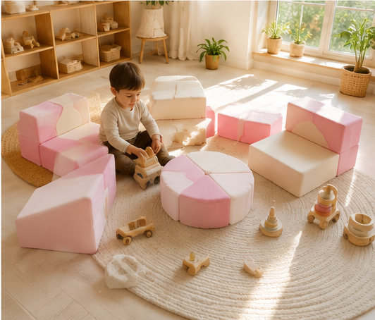 Enfant jouant avec les modules du canapé Kalia dans une salle de jeux, entouré de jouets en bois