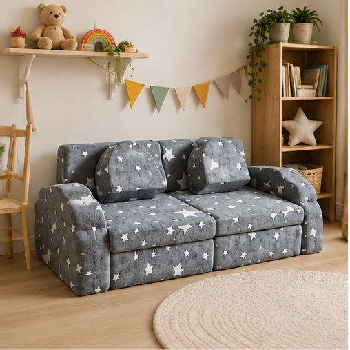 Canapé modulable enfant Lumia gris à motif étoilé, dans une chambre lumineuse au style cosy