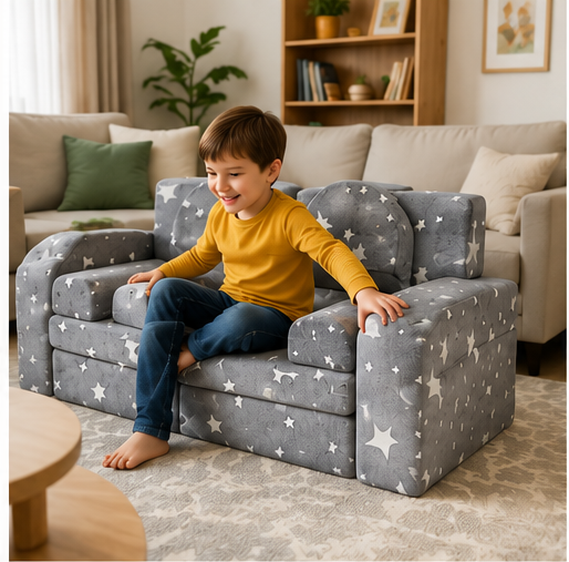 Enfant jouant sur le canapé modulable Lumia gris à motif étoilé, dans un salon familial