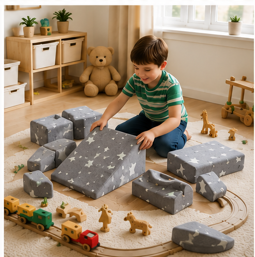 Enfant jouant avec les modules du canapé Lumia disposés librement, jouets en bois autour